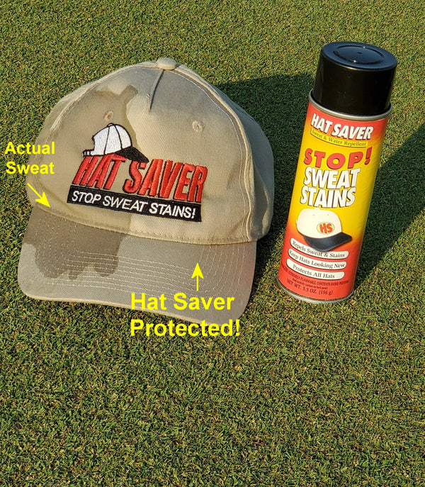 Grab hatsaver and protects from hat sweat stains. If you already have hat stains, try cleaning your hats and remove you sweat stains then use hatsaver. 